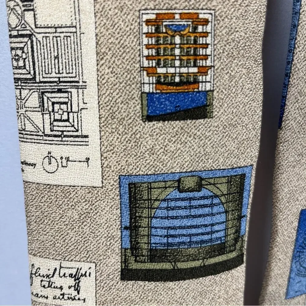 Architectural Print Silk Neck Tie City Planner Architect Tan Blue Structure